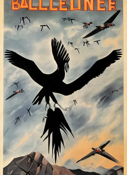 Prompt: balck Vulture with one lightning bolts in 1940s propaganda poster