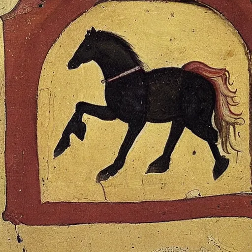 Image similar to medieval painting of a horse by someone who does not know what a horse looks like.