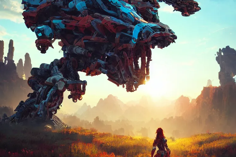 Image similar to ravager machine mecanical creature robot of horizon forbidden west horizon zero dawn radiating a glowing aura global illumination ray tracing hdr fanart arstation by ian pesty and alena aenami artworks in 4 k