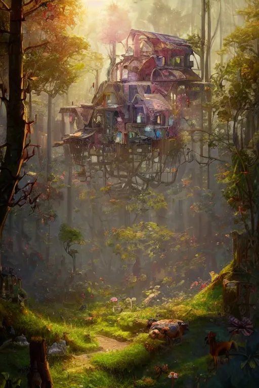 Prompt: a cheerful and whimsical ramshackle multistory hut in the woods, intricate, elegant, fantasy, highly detailed, digital painting, concept art, sharp focus, illustration, beautiful volumetric lighting, epic light, artstation, magic hour lighting, colorful, sunshine, springtime, art by Sylvain Sarrailh