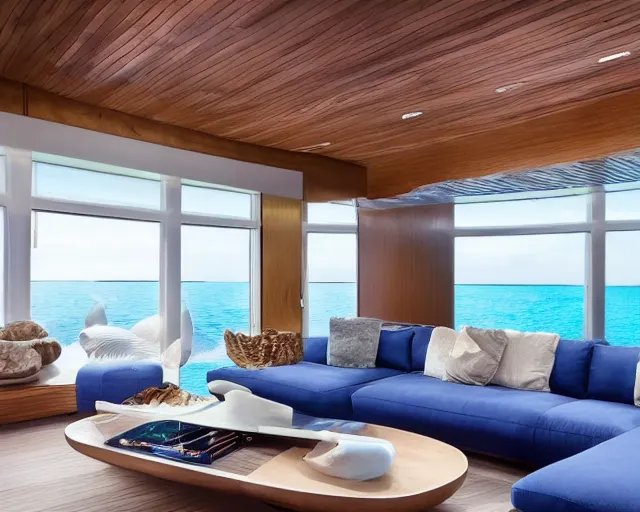 Image similar to A modern living room in the middle of the ocean, a luxurious wooden coffee table with large seashells on it, A huge television, amazing detail, 8k resolution, blue color, calm, relaxed style, harmony, wide angle shot