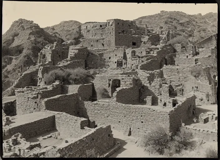Prompt: Photograph of sprawling cliffside pueblo ruins, showing terraced garden and lush desert vegetation in the foreground, albumen silver print, Smithsonian American Art Museum