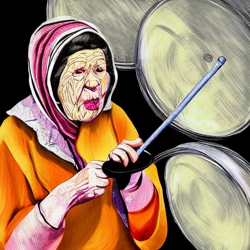 Image similar to a babushka hits a gong with a drumstick that looks like a cigarette, digital art