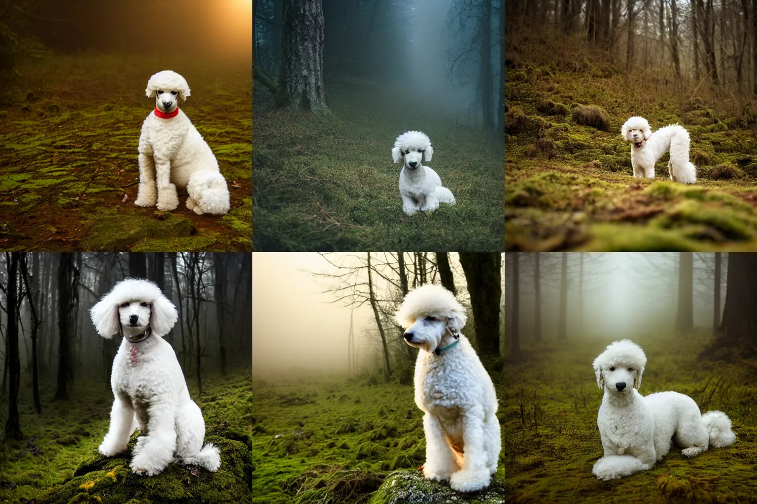Prompt: high detail photo of an abandoned white poodle sitting alone in the mossy foggy forrest at sunset, wide angle photography, desolate, atmospheric, hazy, 8k, reflections