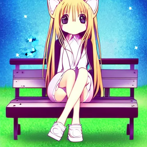 Prompt: picture of an anime girl with cat ears and long blond hair looking to her side, sitting on a bench with a park behind her, bokeh, anime art style, highly detailed, cartoon, cel - shaded, colorful, animated, trending