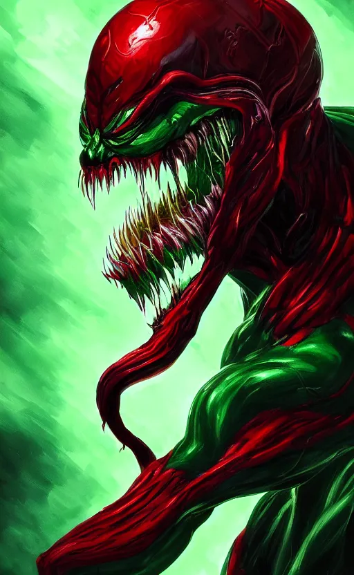 Image similar to portrait of venom as the green goblin, black and red, dynamic lighting, cinematic, ultra detailed, trending on art station, stunning visuals, creative, fantasy concept art