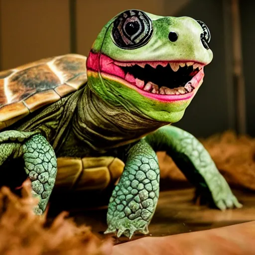 Prompt: photo of a nightmare turtle with an evil grin and large eyes, nightmare fuel, creepy