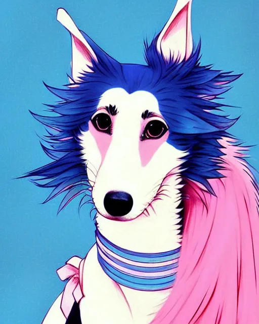 Prompt: cute borzoi anthro wearing a blue ribbon, city background, very anime!!! kawaii!! intricate details, aesthetically pleasing pastel colors, scenic background, art by conrad roset and ilya kuvshinov. trending on deviantartstation