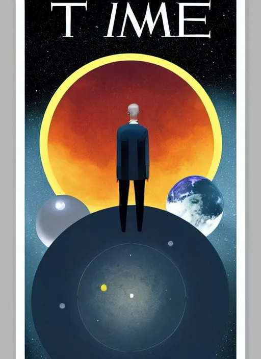 Image similar to the cover of time magazine with a man standing in front of a planet, poster art by Emiliano Ponzi, trending on cg society, private press, sci-fi, elite, cosmic horror