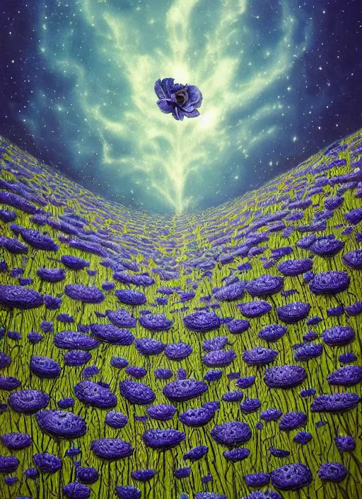 Image similar to detailed, intricate blue black and purple papaverum flower on the field, nebula, galaxy in the sky, winning award masterpiece, fantastically beautiful, illustration, aestheticly inspired, jacek yerka, upscale with anguissola sofonisba work, artstation, 8 k