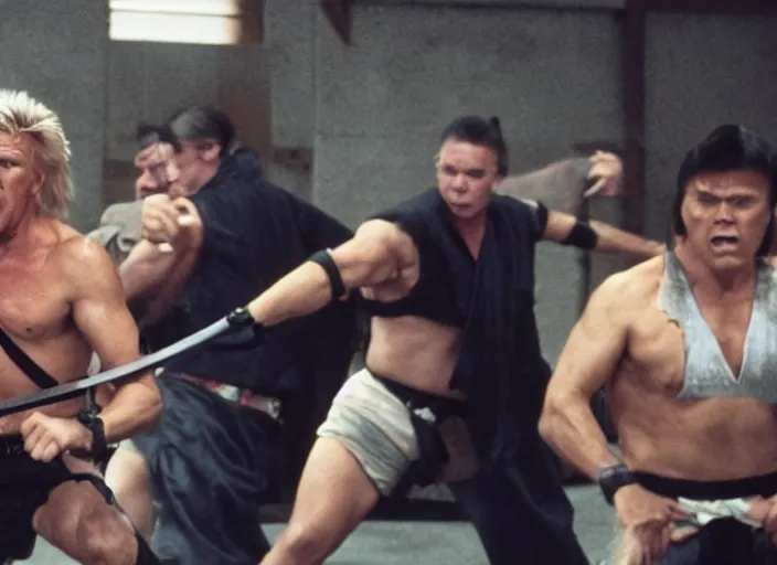 Prompt: film still of Gary Busey fighting Ninjas in the new Bloodsport movie, 8k