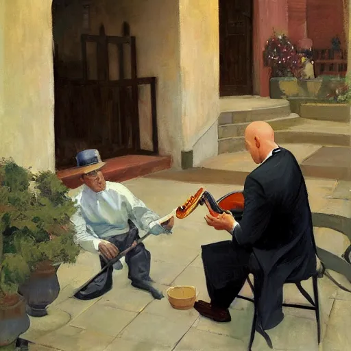 Image similar to a portrait of agent 4 7 from hitman dressed as a gardener playing a guitar in a monestary next to an elderly priest, by gregory manchess, james gurney, james jean