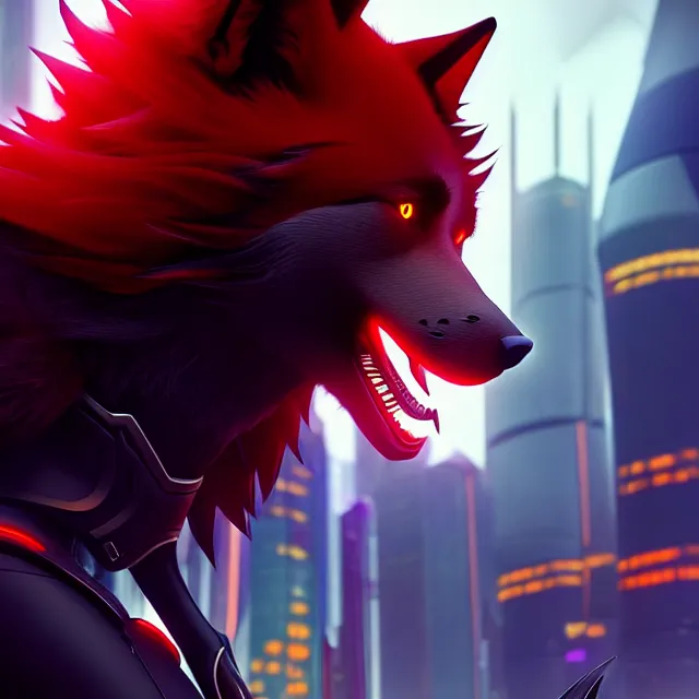 Image similar to portrait of a anthropomorphic black male wolf with red long red hair wearing futuristic clothes in a futuristic city, hyper detailed, digital art, trending in artstation, cinematic lighting, studio quality, smooth render, unreal engine 5 rendered, octane rendered, art style by pixar dreamworks warner bros disney riot games and overwatch.