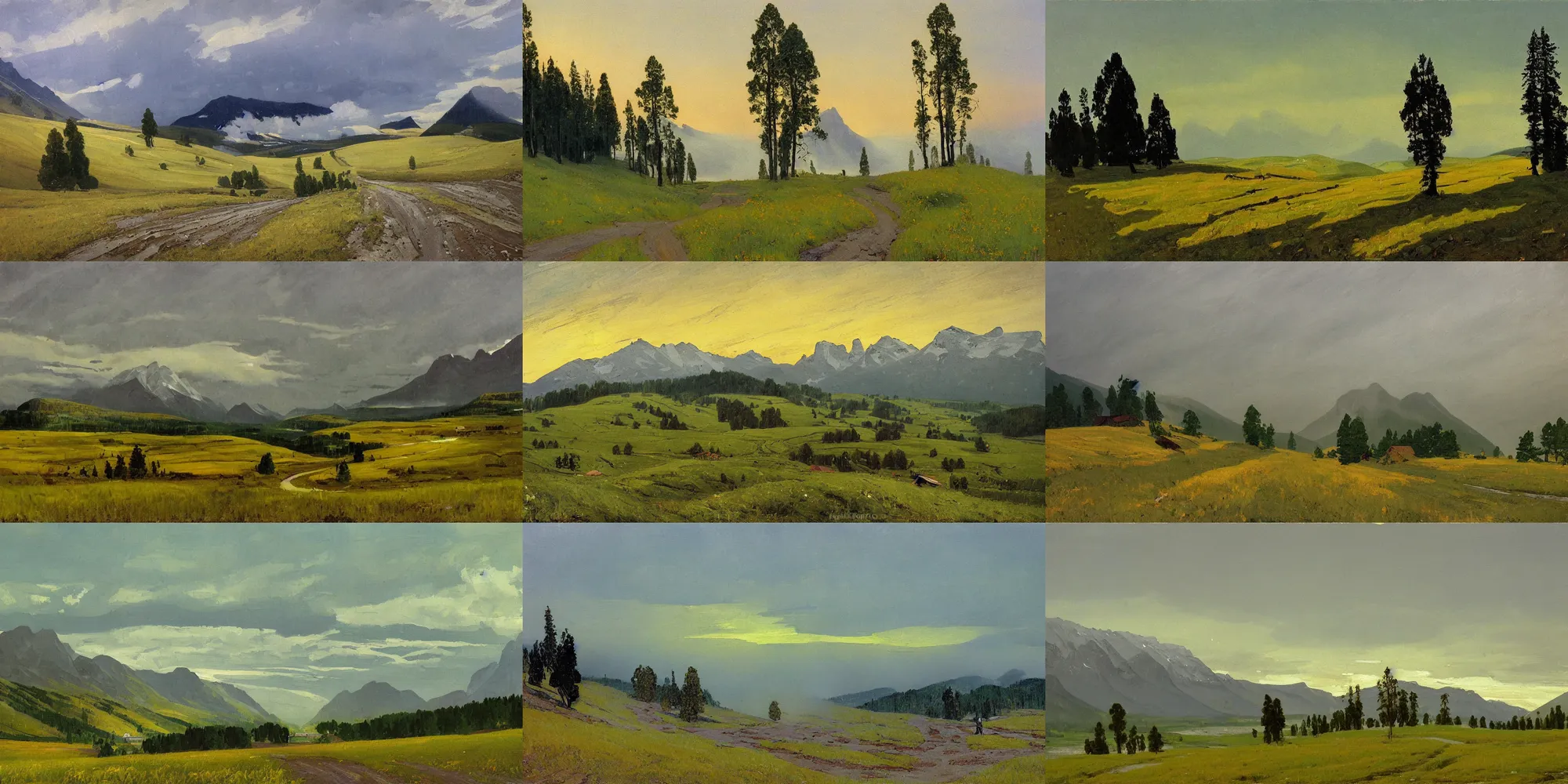 Prompt: painting in the style of Isaac Levitan, Savrasov, Arkhip Kuindzhi and Ivan Shishkin, T Allen Lawson and Ian Fisher and Sidney Richard Percy, Alpes, norway fjords, high mountains, green yellow fields and Forests and snowy tops of mountains, road to the small village at sunset sunrise, foggy day, low clouds after rain, wet grass and stones, dream heavenly cloudy sky, horzon, hurricane stromy clouds, volumetric lighting, very beautiful scenery, pastel colors, ultra view angle view