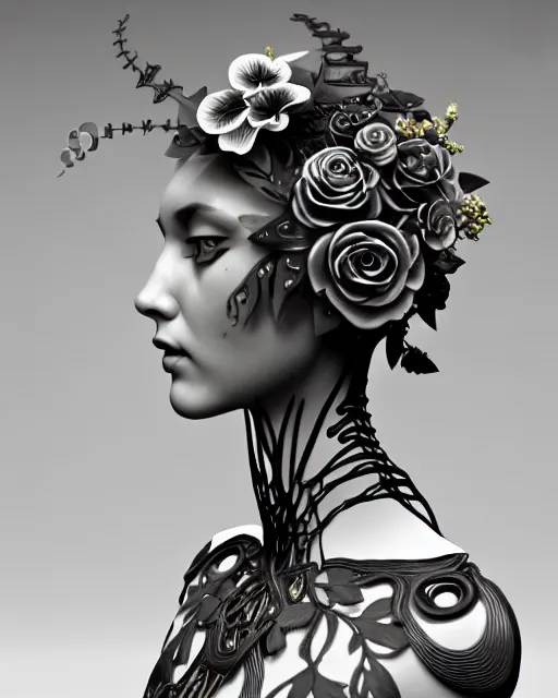 Image similar to monochrome 3 d model, 1 9 4 0 picture, floral steampunk biomechanical beautiful young female cyborg with porcelain profile face and a techno eye, volumetric light, leaves foliage and stems, hibiscus flowers, boho vines, sinuous fine roots, fine foliage lace, alexander mcqueen, rim light, big gothic fashion pearl embroidered collar, octane render, 8 k