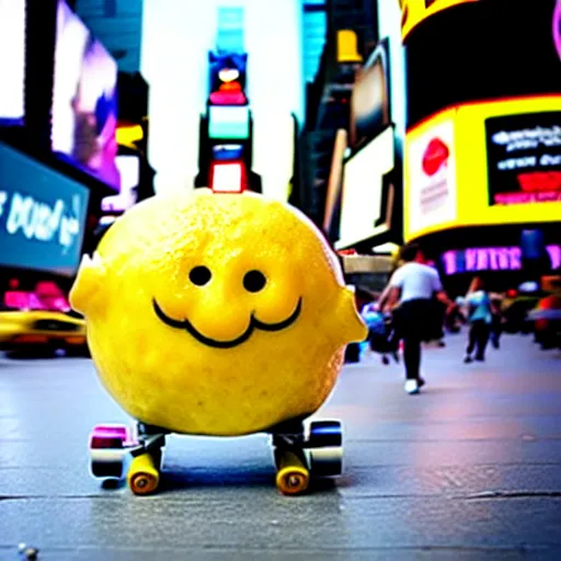 Image similar to a cool lemon riding a skateboard in times square new york