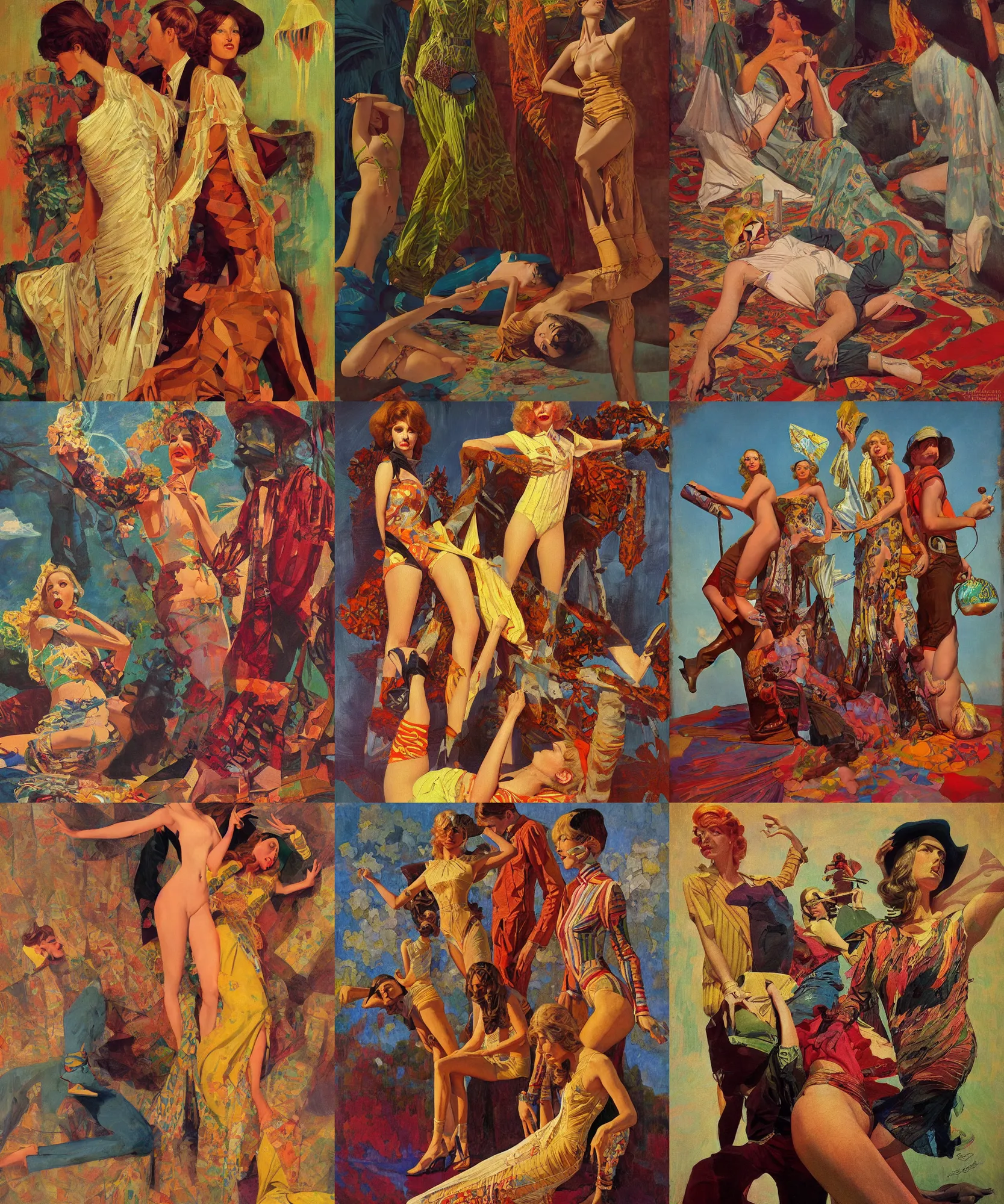 Prompt: pulp art, 1970s hippie cloth style, artwork by Joseph Leyendecker and Hugh Ferriss and gil elvgren and ilya repin and sergey kolesov, geometric shapes, impressionism, soviet paintings, 3d octane blender render, progressive rock album cover