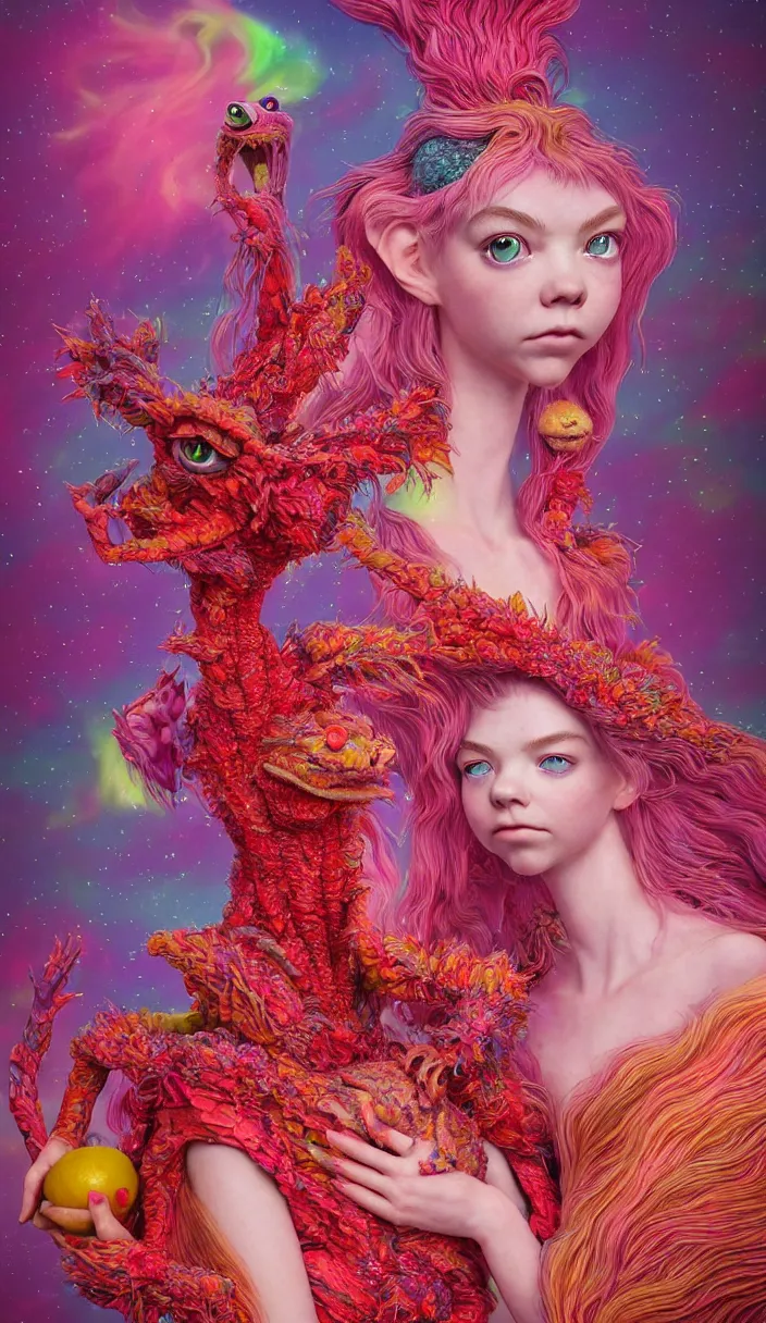 Image similar to hyper detailed 3d render like a Oil painting - kawaii portrait of two Aurora (a beautiful skeksis muppet fae princess protective playful from dark crystal that looks like Anya Taylor-Joy) seen red carpet photoshoot in UVIVF posing in scaly dress to Eat of the Strangling network of yellowcake aerochrome and milky Fruit and His delicate Hands hold of gossamer polyp blossoms bring iridescent fungal flowers whose spores black the foolish stars by Jacek Yerka, Ilya Kuvshinov, Mariusz Lewandowski, Houdini algorithmic generative render, Abstract brush strokes, Masterpiece, Edward Hopper and James Gilleard, Zdzislaw Beksinski, Mark Ryden, Wolfgang Lettl, hints of Yayoi Kasuma and Dr. Seuss, octane render, 8k