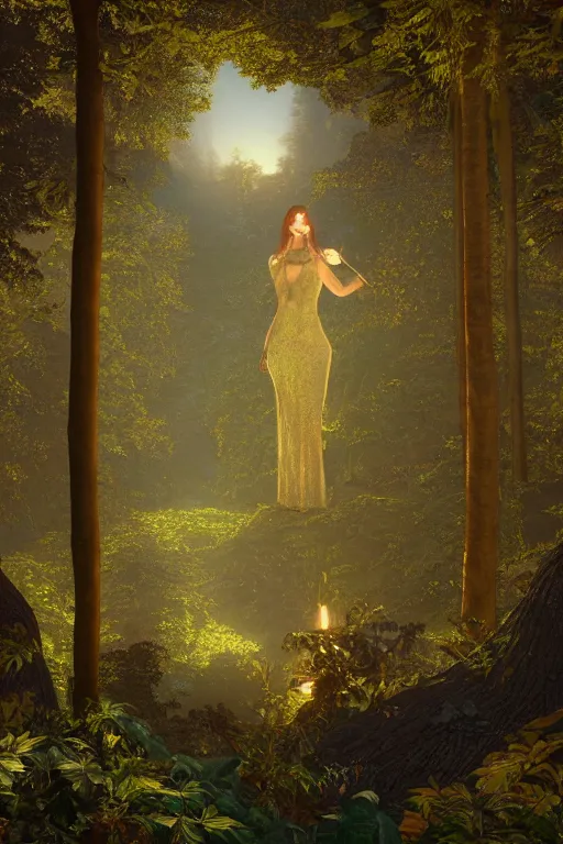 Image similar to portrait of the queen of night in a forest clearing at twilight| richly embroidered velvet| lush foliage | dramatic lighting | Maxfield Parrish and John Waterhouse |featured on Artstation |unreal engine