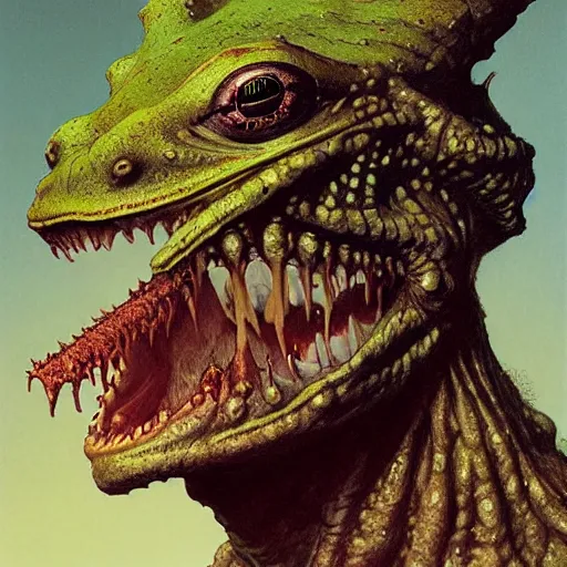 Image similar to head and shoulders portrait of a slaad anthropomorphic frog monster, d & d, fantasy, greg rutkowski, frank frazetta, alexandre chaudret, boris vallejo, michael whelan, miro petrov, hr giger, magali villeneuve, donato giancola