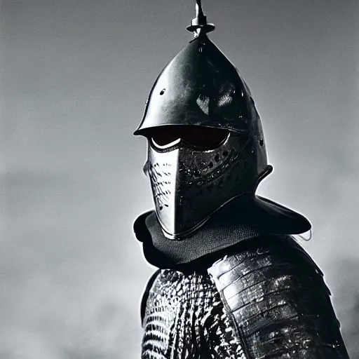 Prompt: a knight wearing a frog helmet, film still, arriflex 3 5