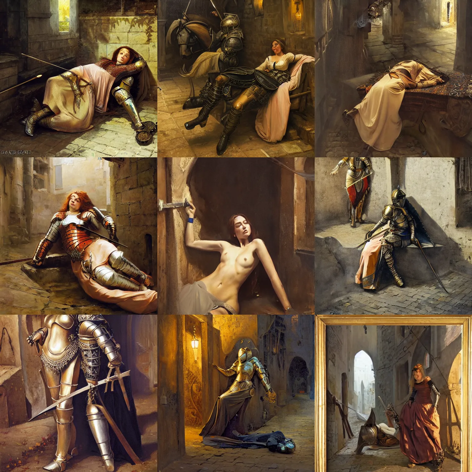 Prompt: female knight lying in a dark alleyway painting by Nasreddine Dinet and Theodore Ralli and Jean Discart and Anders Zorn, masterful intricate artwork. Oil on canvas, excellent lighting, high detail 8k