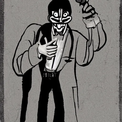 Image similar to The Trollface as an evil scientist holding a vial of oil, full body portrait, labcoat, black and white illustration