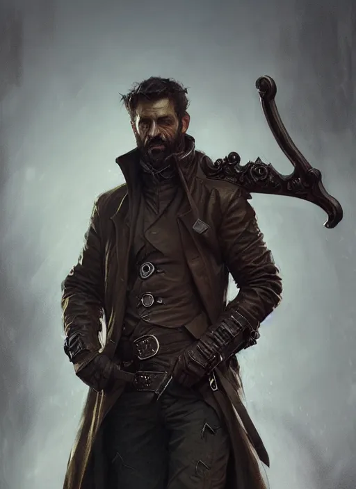 Prompt: portrait of a rugged man wearing a trenchcoat, holding a sword, victorian, concept art, detailed face, fantasy, close up face, highly detailed, cinematic lighting, digital art painting by greg rutkowski