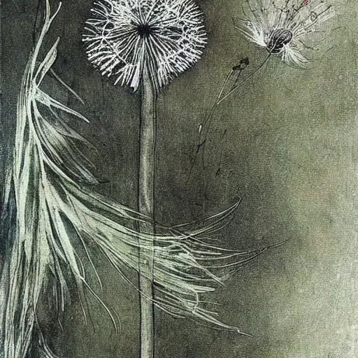 Image similar to a beautiful fairytale painting of a dandelion seed that is also a fluffy fairy. the dandelion seed is the body of the fairy. beautiful clear painting by arthur rackham