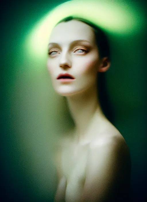 Image similar to kodak portra 4 0 0 photo portrait of a beautiful woman in style of paolo roversi, lightpainting motion blur dressed in long, elegant, soft coloured gel lighting, highly detailed, sharp focus,, octane render, ethereal, out worldly colours, emotionally evoking, head in focus, soft blur coloured gel light dreamy, volumetric lighting unreal engine, epic fantasy