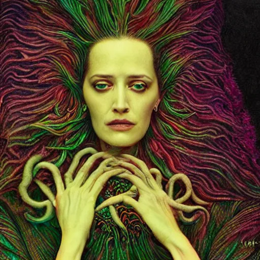 Prompt: cosmic horror eldritch lovecraftian close up portrait of eva green as the emerald queen of feathers by wayne barlowe, agostino arrivabene, denis forkas