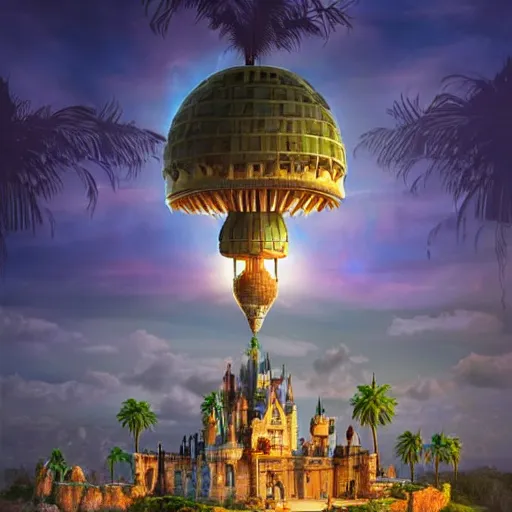Image similar to the disney castle surrounded by giant palm trees on a giant floating island in the sky, giant realistic light bulb glowing in the sky, cinematic, digital art by erik johansson, 8 k resolution, hyper detailed, sharp focus