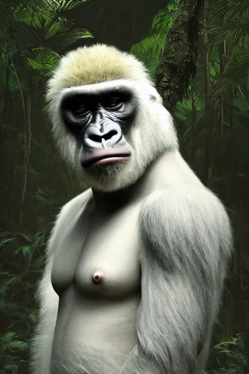 Image similar to portrait of a majestic white Gorilla in the exotic Jungle, Single face, dramatic lighting, cinematic, establishing shot, extremly high detail, photo realistic, cinematic lighting, post processed, concept art, artstation, matte painting, style by eddie mendoza, raphael lacoste, alex ross