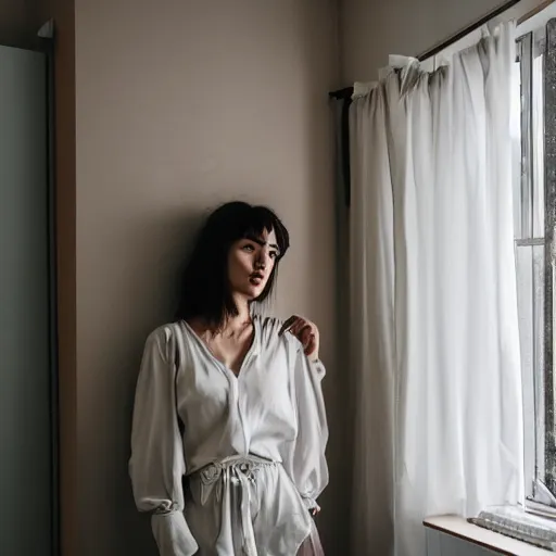 Image similar to a woman, posing in a bedroom, photo by Marat Safin, Canon EOS R3, 35mm, f/1.4, ISO 200, 1/160s, 8K, RAW, unedited, symmetrical balance, in-frame