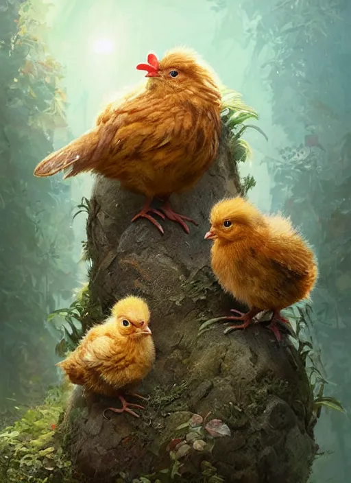 Image similar to a cute hen fostering two chicks in an adventure movie by nuri iyem, james gurney, james jean, greg rutkowski, anato finnstark. pixar. hyper detailed, 5 0 mm, award winning photography