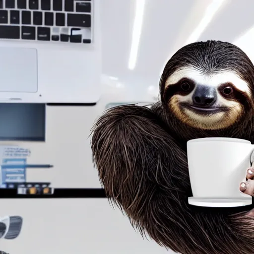 Prompt: An adorable sloth is working at his job as a computer programmer at TikTok, whilst drinking a cup of coffee, 4k photograph
