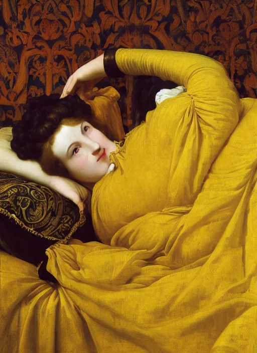 Image similar to masterpiece portrait of lady reclining vertically on bed wearing yellow ochre ornate medieval dress, foreshortening, colour photography by frederic leighton, william morris, 8 k