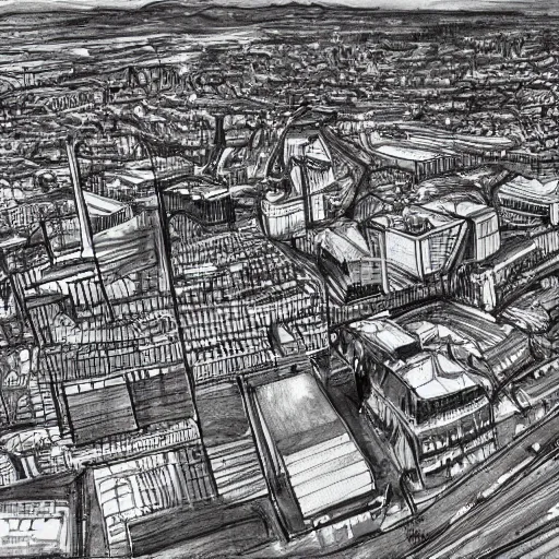 Image similar to a black and white sketch of manchester from above