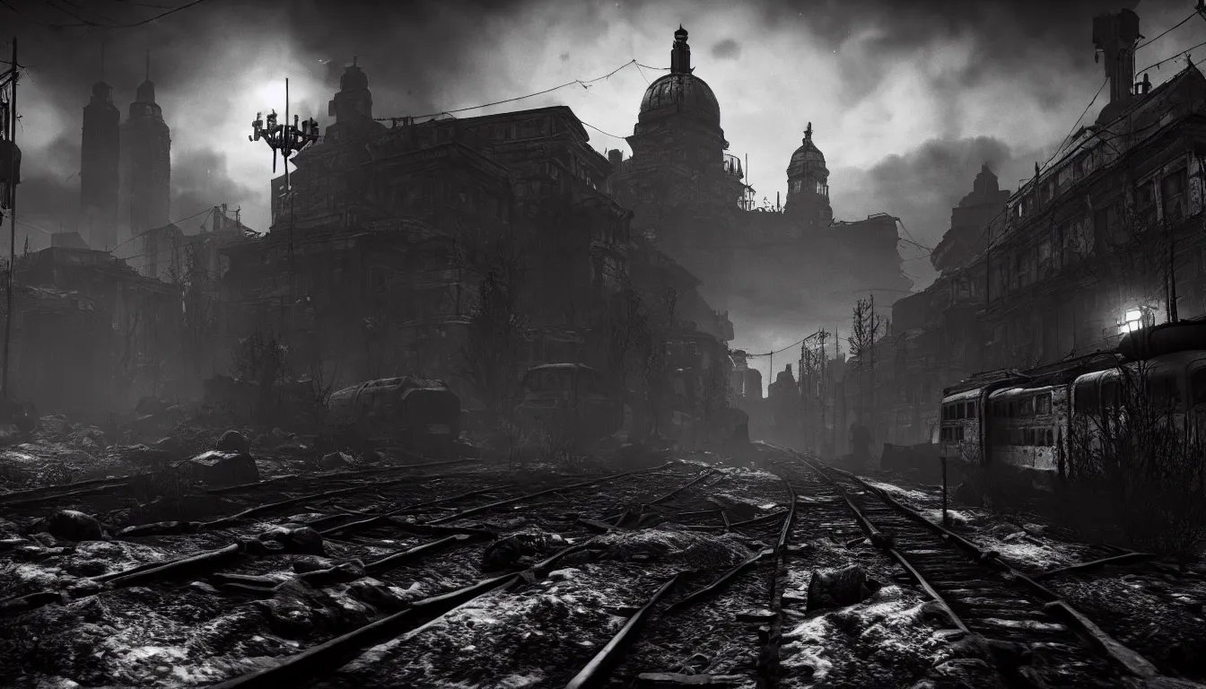 Prompt: metro exodus style, city in the horizon, dark, atmospheric, scary, claustrophobic, ambient vibe, very detailed, black and white, 4 k