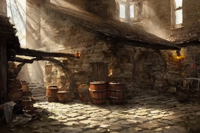 Image similar to watercolor painting of rustic ruin cellar, wooden crates, barrels, stone walls, lantern, very beautiful ambient lighting, sun rays, dust, art by anders zorn, wonderful masterpiece by greg rutkowski, cinematic light, american romanticism by greg manchess, creation by tyler edlin