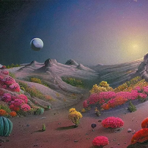 Prompt: a landscape on the moon with many craters, barren moon landscape, in a big crater at the center there is a beautiful flowering garden, 8 k, lowbrow in the style of martin johnson heade and daniel merriam and roger dean,