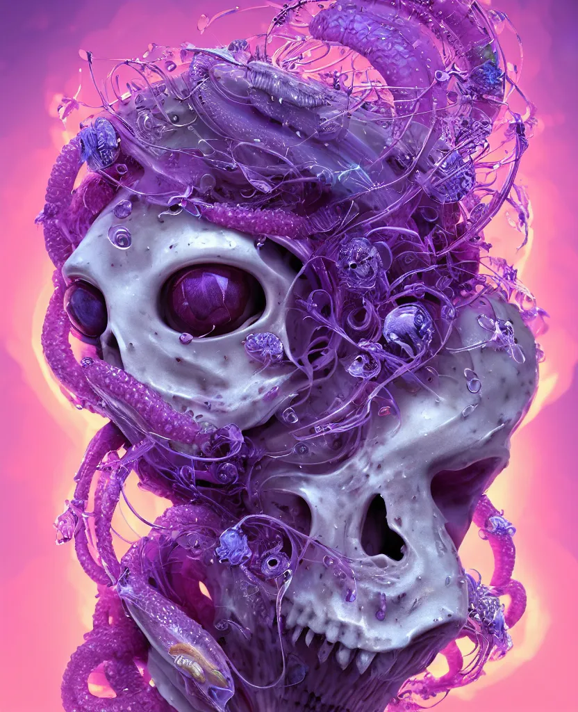 Image similar to goddess princess face close-up portrait ram skull. jellyfish phoenix head, nautilus, orchid, skull, betta fish, bioluminiscent creatures, intricate artwork by Tooth Wu and wlop and beeple. octane render, trending on artstation, greg rutkowski very coherent symmetrical artwork. cinematic, hyper realism, high detail, octane render, 8k