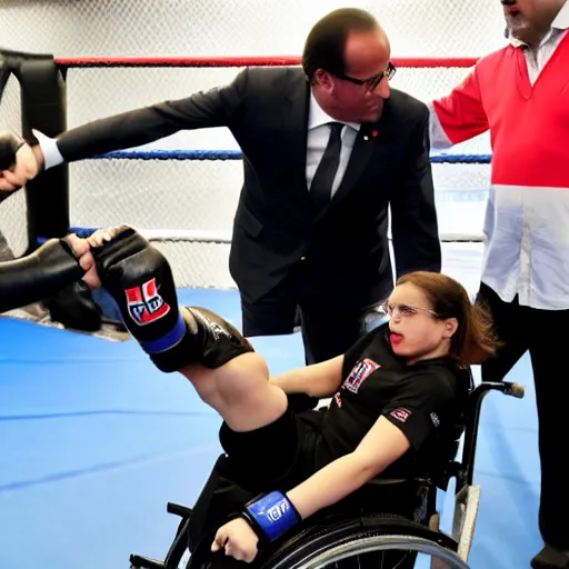 Image similar to François Hollande fighting a teen girl in a wheelchair in a MMA cage fight