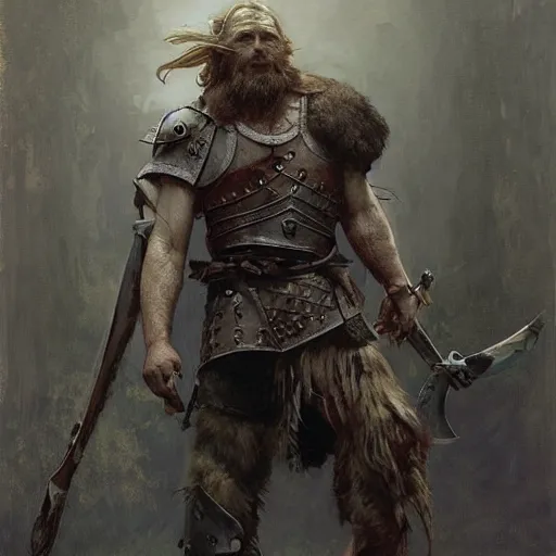 Image similar to rough-skinned, short-bearded undead Viking warrior with ice-pale skin wearing brutalist plate armor with art deco knotwork, by Greg Rutkowski, Brom, and Alphonse Mucha