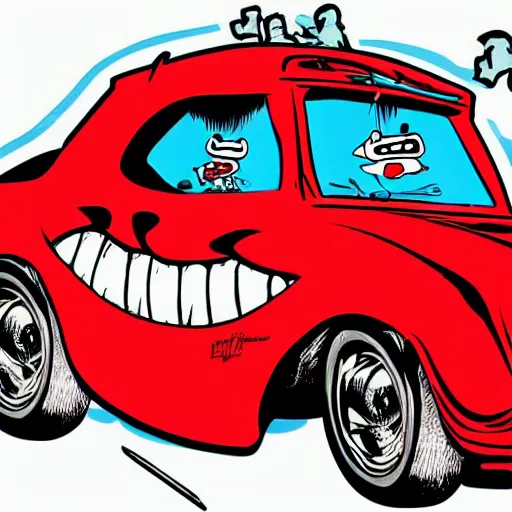 Prompt: Jeff DeGrandis Dragfink.com Ed 'BIG DADDY' Roth GIGANTIC-Rat, oversized hero character art, Driving a Hotrod, crazy racer spinning, burnout, smokey tires, classic-cult-comic-style, hand drawn svg, vector artwork