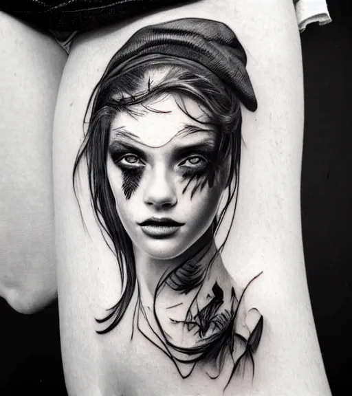 Image similar to a beautiful girl portrait, faded mountain background, realism tattoo, in the style of den yakovlev, black and white, hyper realistic, highly detailed