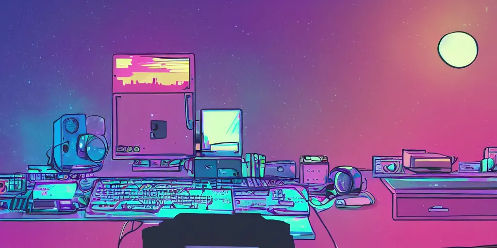 Prompt: discord moderator in front of a computer, lo-fi beats, synthwave