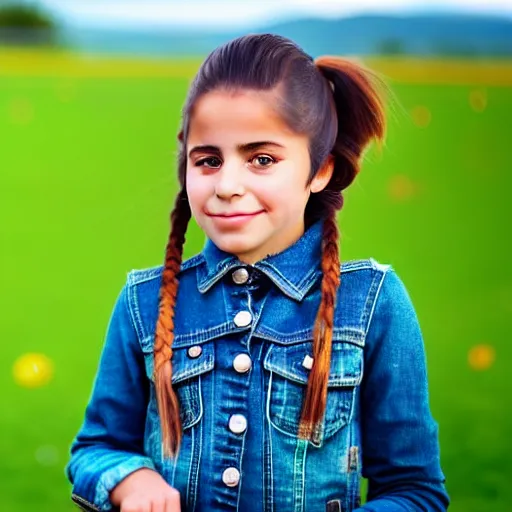 Image similar to a young spanish girl plays on a great green meadow, she wears a jacket, jeans and boots, she has two ponytails, photo taken by a nikon, highly detailed, sharp focus