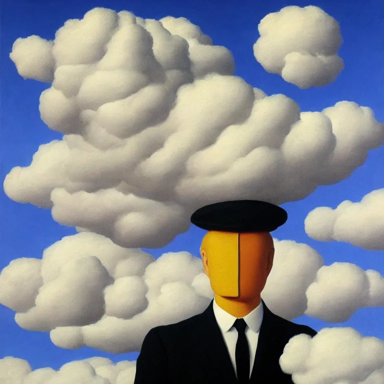 Image similar to cloud - man, by rene magritte, centered, detailed painting, hd, hq, high resolution, high detail, 4 k, 8 k