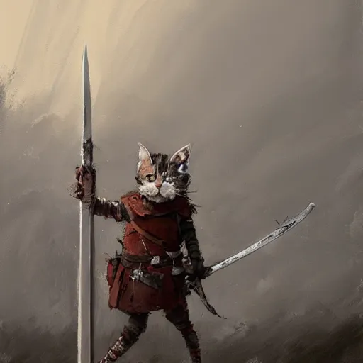 Image similar to a cat holding a sword by jakub rozalski